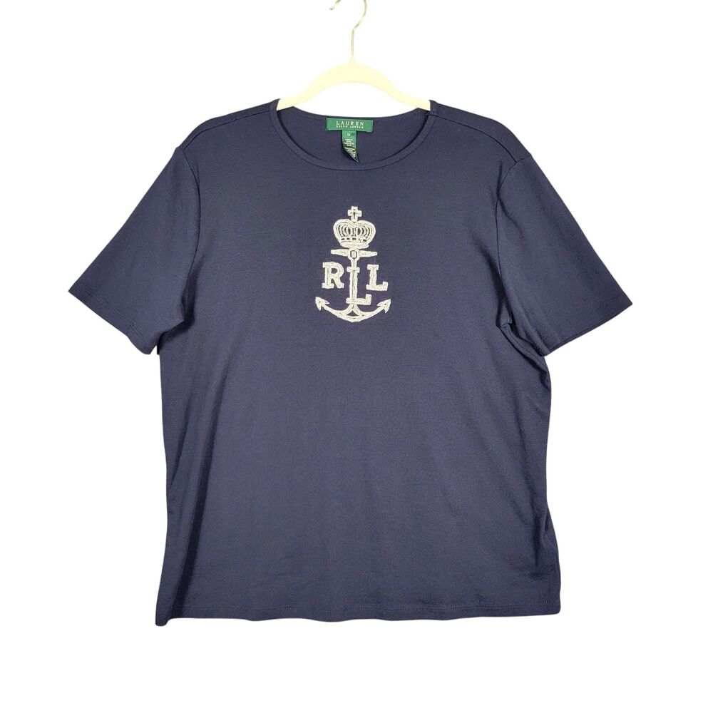 LAUREN RALPH LAUREN Blue Beaded Crest Cotton Top Nautical Anchor Preppy SIZE 1X